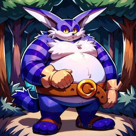 score_9, score_8_up, score_7_up, score_6_up, score_5_up, score_4_up, source_cartoon,  <lora:Big_The_Cat_V2_Sonic_The_Hedgehog_PonyXL:1> big the cat, big, cat, furry, fat, obese, purple skin, white fluffy belly, yellow sclera, long ears, stripey arms, stripey tail, gloves, belt, three toes, purple feet,wandering in the forest, looking at viewer, forest background