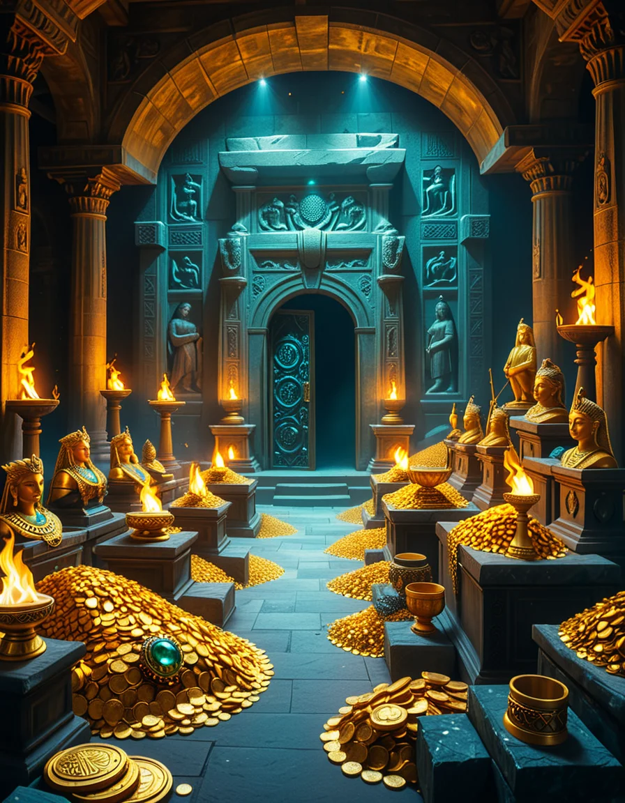 A hidden treasure chamber deep within an ancient temple, illuminated by the warm golden glow of torches and mystical blue light from enchanted crystals. The room is filled with piles of gold coins, jewel-encrusted goblets, and ancient artifacts covered in dust. Massive stone statues of forgotten deities guard the chamber, their eyes glowing faintly as if watching intruders. In the center, a grand pedestal holds a legendary artifact—an ornate golden crown encrusted with emeralds and sapphires, shimmering with an otherworldly aura. The walls are adorned with intricate carvings depicting lost civilizations, and creeping vines hint at centuries of abandonment. The atmosphere is mystical and slightly eerie, with a sense of both wonder and danger. The air is thick with the scent of aged parchment and burning incense, adding to the chamber’s ancient and mysterious feel. Cinematic lighting with dramatic shadows enhances the depth and richness of the scene, creating a visually stunning and immersive environment.
<lora:SDXLFaeTastic2400:0.4> <lora:extremely_detailed:0.4> extremely detailed, <lora:treasure_ch4mb3r:1>,treasure ch4mb3r, Masterpiece,best quality,hi res,8k,hi res,8k,award winning,(sharp focus, intricate, highly detailed),