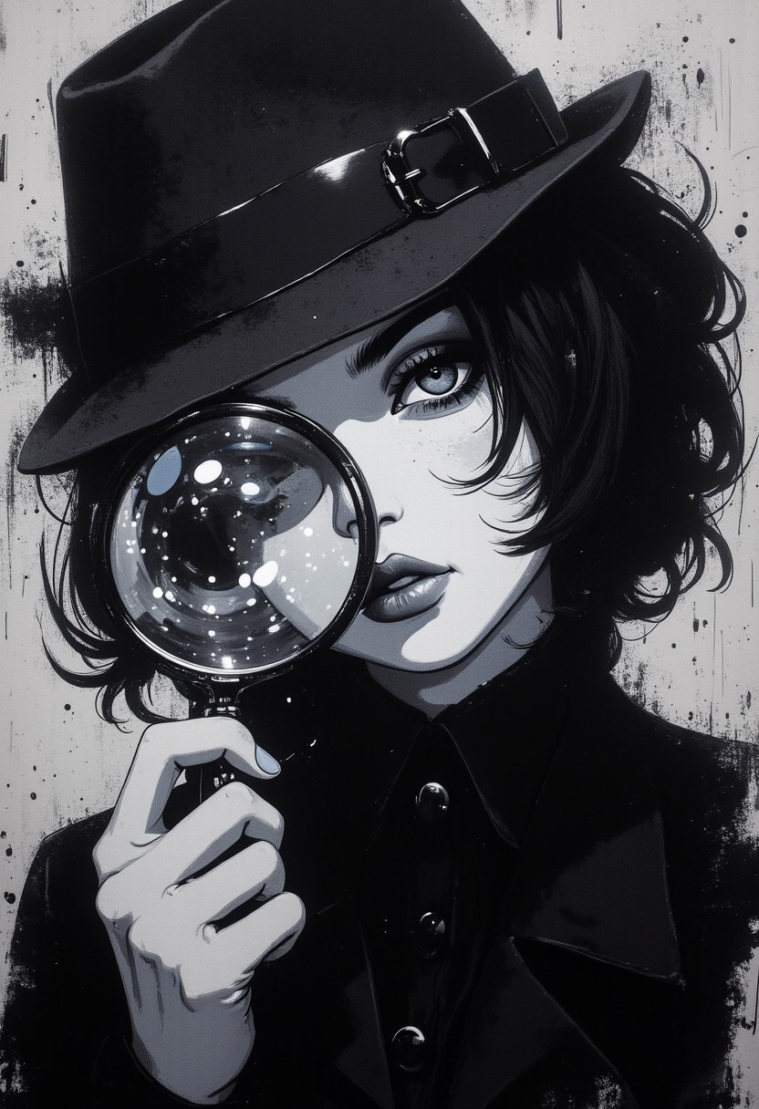 A pen and ink style expressionism painting. Portrait of a female detective scowling into a magnifying glass. The glass is crystal clear, showing a water portal through the glass. The detective is wearing a black suit and fedora that emanates her shadowy figure. 
Anime art of Detective draped in shadows with a lighting that enhances her unique features. Haunted house setting. Haunted expression, Haunted atmosphere. Ultra detailed artistic abstract. sbfte, de01, detail eyes, magic eyes, 8k.