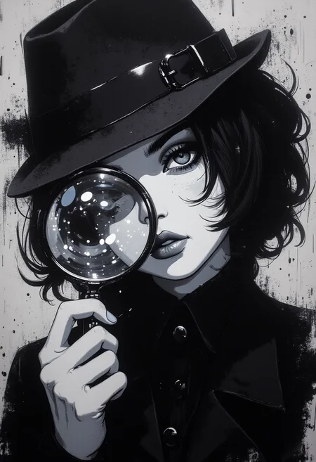 A pen and ink style expressionism painting. Portrait of a female detective scowling into a magnifying glass. The glass is crystal clear, showing a water portal through the glass. The detective is wearing a black suit and fedora that emanates her shadowy figure. 
Anime art of Detective draped in shadows with a lighting that enhances her unique features. Haunted house setting. Haunted expression, Haunted atmosphere. Ultra detailed artistic abstract. sbfte, de01, detail eyes, magic eyes, 8k.