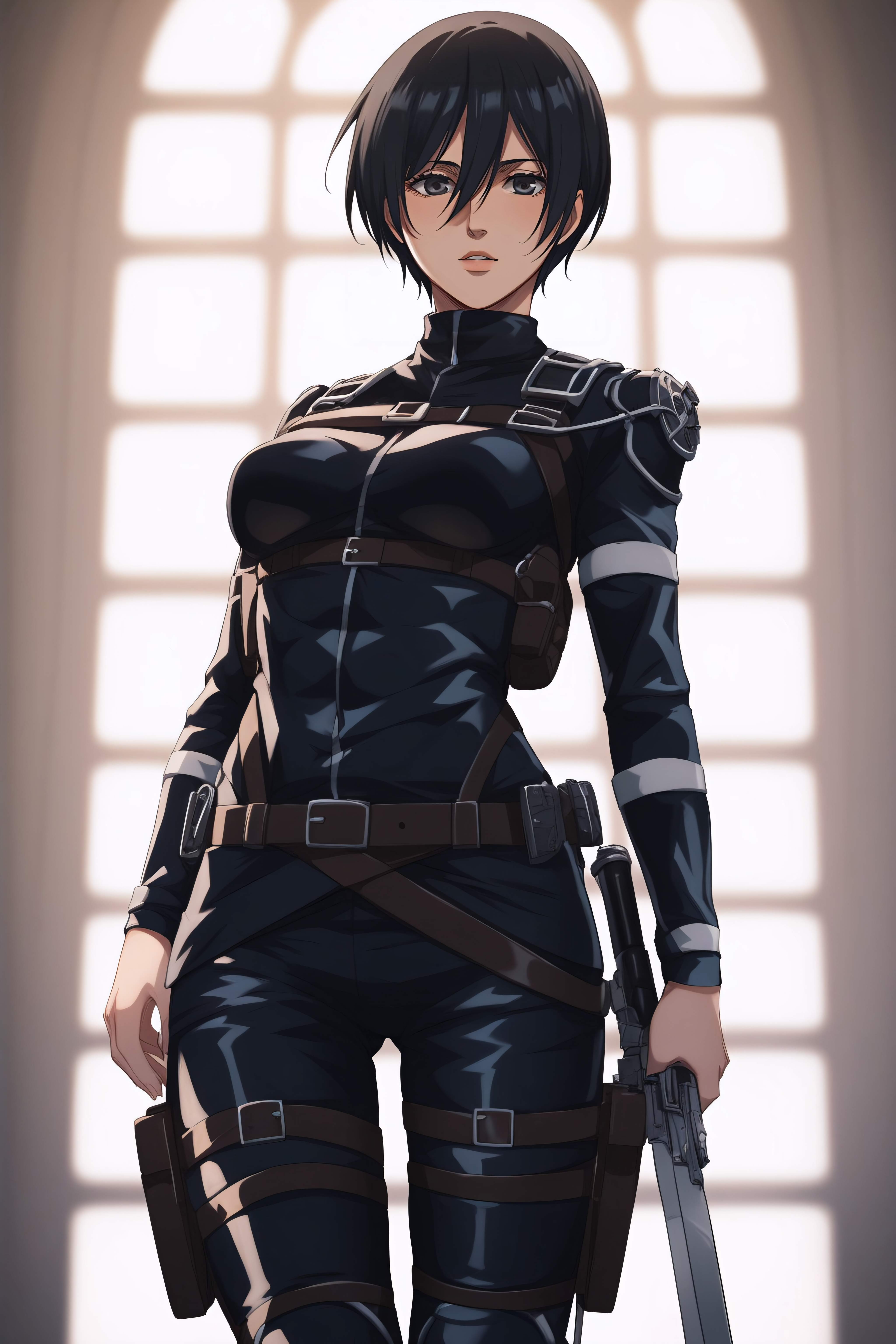 score_9, score_8_up, score_7_up, score_6_up, BREAK source_anime, <lora:adult mikasa ackerman-PonyXL-lora-faxtron:0.8> adult mikasa ackerman, black eyes, black hair, short hair, medium breasts, military uniform, armor, belt, thigh strap,