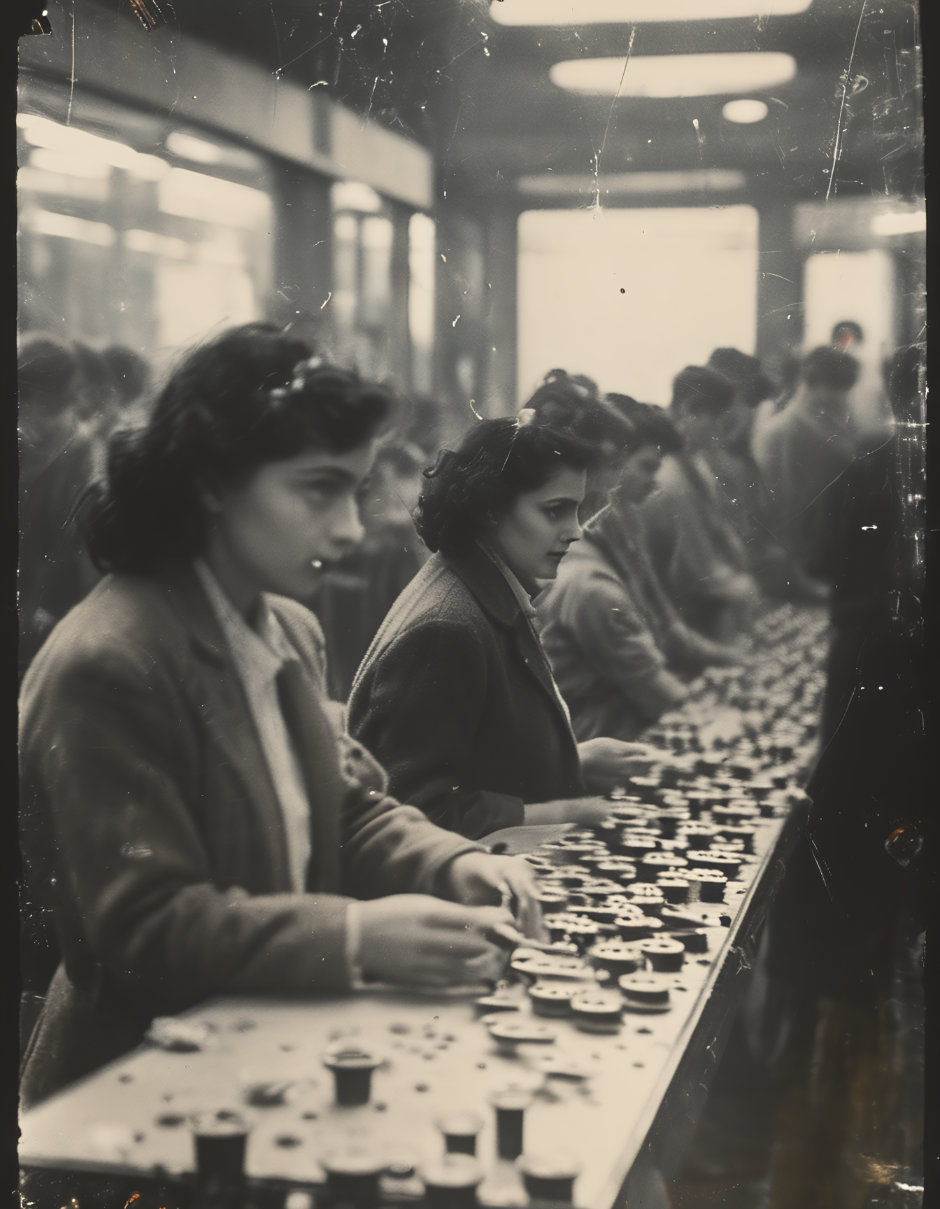 35mm vintage photo of assembly line workers, bokeh, 4k, uhd, masterpiece