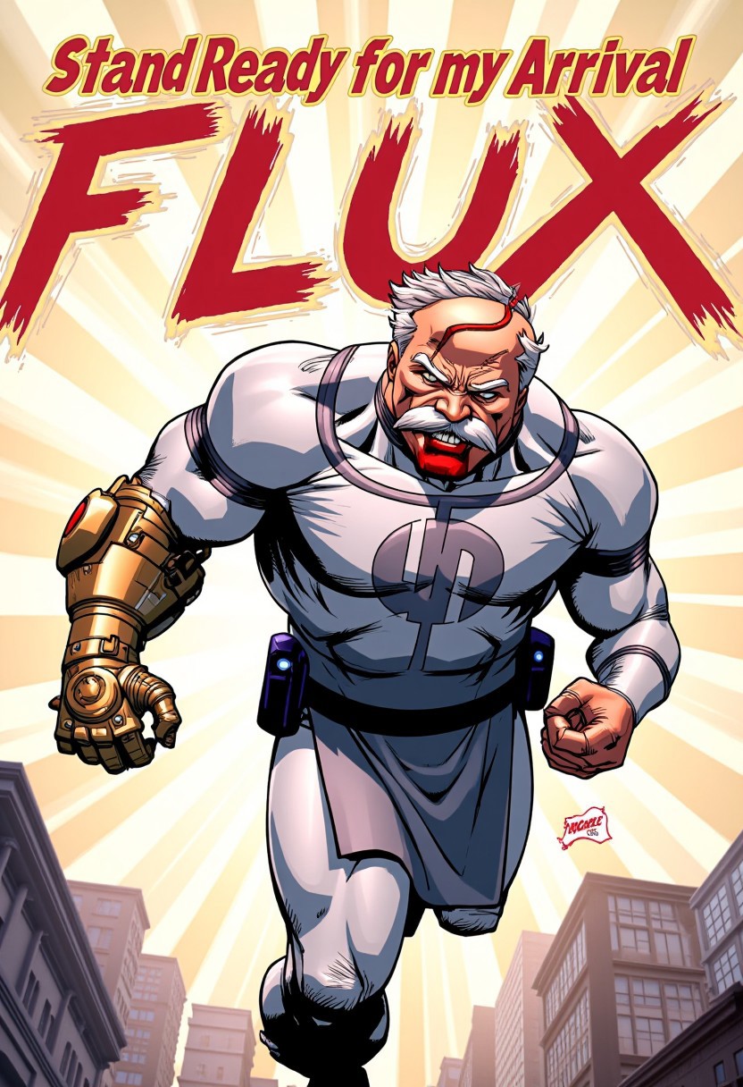 comic book style illustration featuring C0nq-FLUX, old muscular man with right mechanical hand, scar across his face and blind right eye, dressed in a sleek, silver armor-like suit with a high-tech aesthetic. flying above the cityscape with a huge comic book pop up style text on the top of the picute that reads: "Stand Ready for my Arrival FLUX"
aidmatextimprover