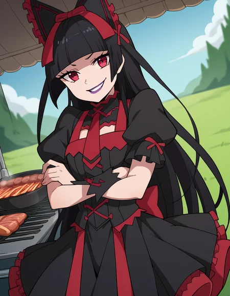 score_9, score_8_up, score_7_up, source_anime, <lora:rory-mercury-s1s2-ponyxl-lora-nochekaiser:1>, rory mercury, long hair, black hair, red eyes, bangs, blunt bangs, hime cut,, thighhighs, bow, ribbon, hair ribbon, garter straps, dress, black dress, puffy sleeves, frills, detached sleeves, necktie, red necktie, lipstick, purple lipstick,, backyard, barbecue, grilling, laughter, summer evening, smile, looking at viewer, crossed arms, smug, solo,, cowboy shot, dutch angle