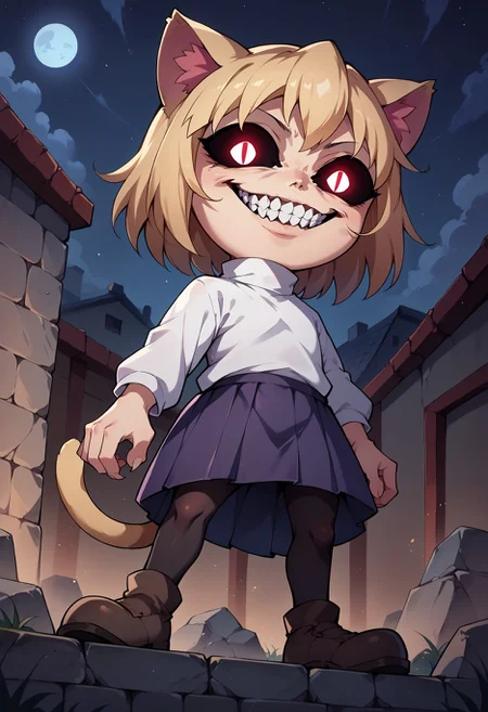 score_9, score_8_up,score_7_up,score_6_up, source_anime,night,necoarc standing on stone, from below,, blonde hair, red eyes, slit pupils, cat ears, :3, chibi, turtleneck, white shirt, blue skirt, pleated skirt, pantyhose, brown footwear, turtleneck, white shirt, purple skirt, pantyhose
solgo, sharp teeth, evil grin, black sclera, glowing eyes,
<lora:Solgo-grin-v1-potat:1>
<lora:necoarc-guy-PONYv1_1:1>