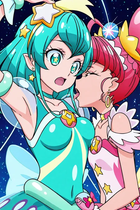 shiny skin, posing,
<lora:starpri.il:1.0>,
starpri,
2girls, 
curestar, curemilky, 
yuri, large breasts, 
armpit licking,
