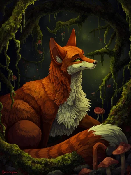 <lora:ck-LttleGhost-000011.safetensors:1> in the style of ck-lttlegh0stThe majestic red fox, its warm tones now radiating sensuality, rests within a dark, intimate cave-like entrance shrouded in shadows. The mossy walls writhe like tender vines, clutching at the air with desire. A sultry gaze replaces the original's serene expression, while vibrant mushrooms have transformed into subtle, sheen-covered conspirators. Crimson and emerald accents amplify the painting's alluring, otherworldly atmosphere, drawing the viewer inexorably closer.