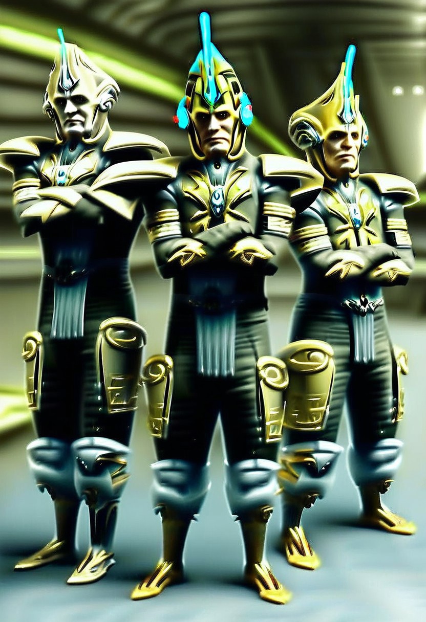 Corpus crewman in a spaceship corridor, science fiction, star wars, dramatic shot, , athletic build,
realistic texture, realism, best quality, 
Dax, dax armor, male dax armor, bishamo armor, male bishamo armor, man, gold dax armor, Wearing dax male helmet, dax male helmet,  gold armor. Arms crossed,