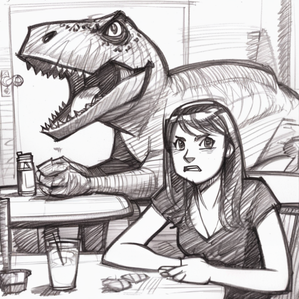 drawix21 a girl at a table in a cafe in the background a large angry t-rex, overturned tables, black ink<lora:drawix21:1>