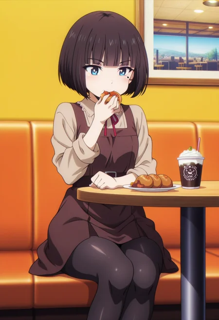 anime screencap, anime coloring, anime colored background, detailed background, detailed face, shiny skin, shiny hair, absurdes, highres, dynamic pose, masterpiece, best quality, official art, cel shaded, graphic illustration, digital painting, CGI, very detailed, amazing quality, intricate details, dynamic pose, HDR, UHD, 8K, Fineline illustration, Highly detailed, ultra-fine painting, sharp focus, Professional, Vivid Colors
BREAK
<lora:Rein_Kashiwagi:1>, Rein Kashiwagi, 1girl, solo, short hair, brown hair, blunt bangs, bob cut, blue eyes, mole under eye, small breast, brown pinafore dress, red neck ribbon, black pantyhose, brown dress shoes, sitting at table, eating food, legs together
BREAK
inside, cafe, daytime, <lora:add-detail-xl:1> <lora:DetailedEyes_V3:1> <lora:hand 5.5:1>