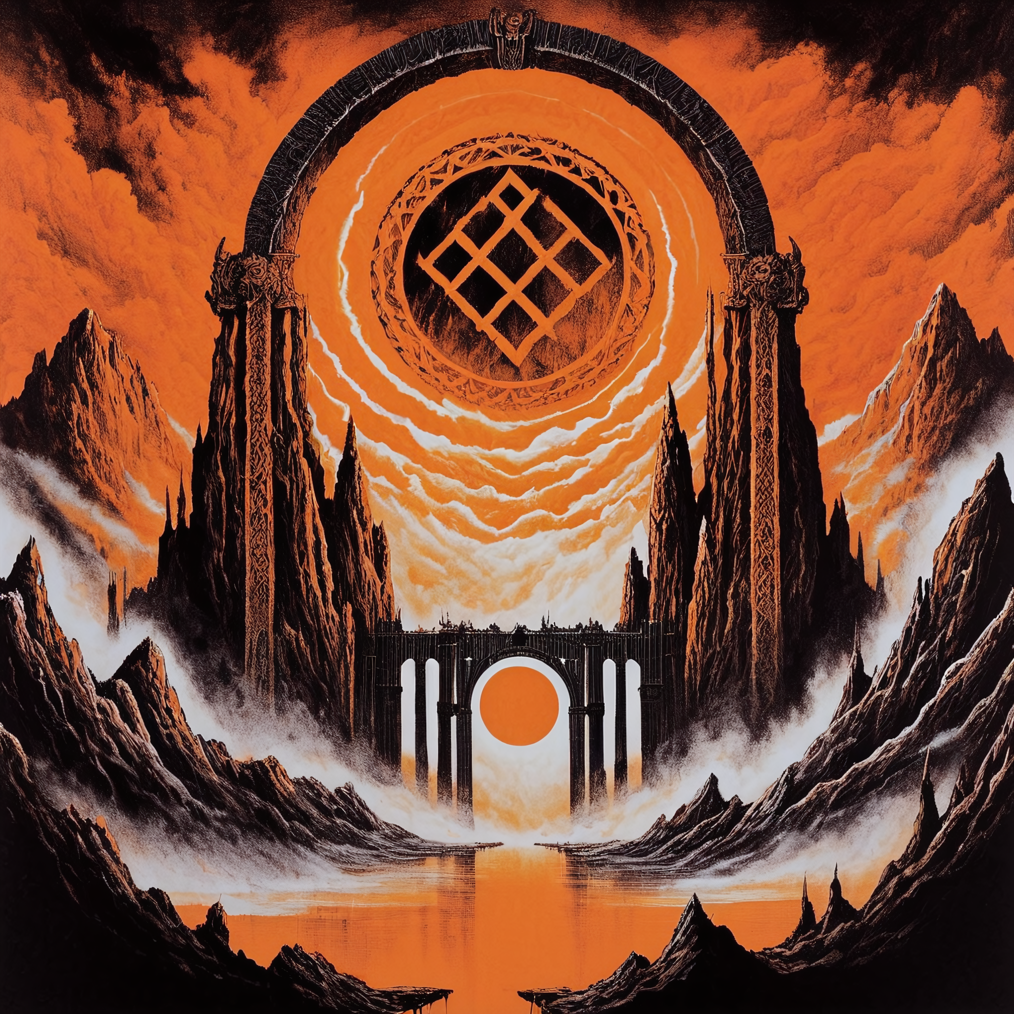 blackmetal style, xerox fog storm clouds, mountains and classical bridges, circular portal to central religious Donkey Kong, splash of orange paint,
<lora:black_metal_art:1.0>