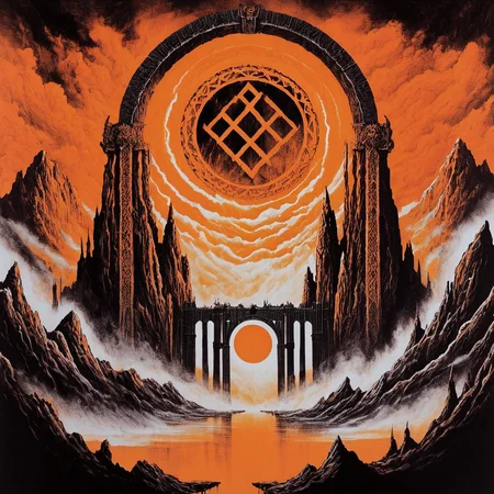 blackmetal style, xerox fog storm clouds, mountains and classical bridges, circular portal to central religious Donkey Kong, splash of orange paint,
<lora:black_metal_art:1.0>