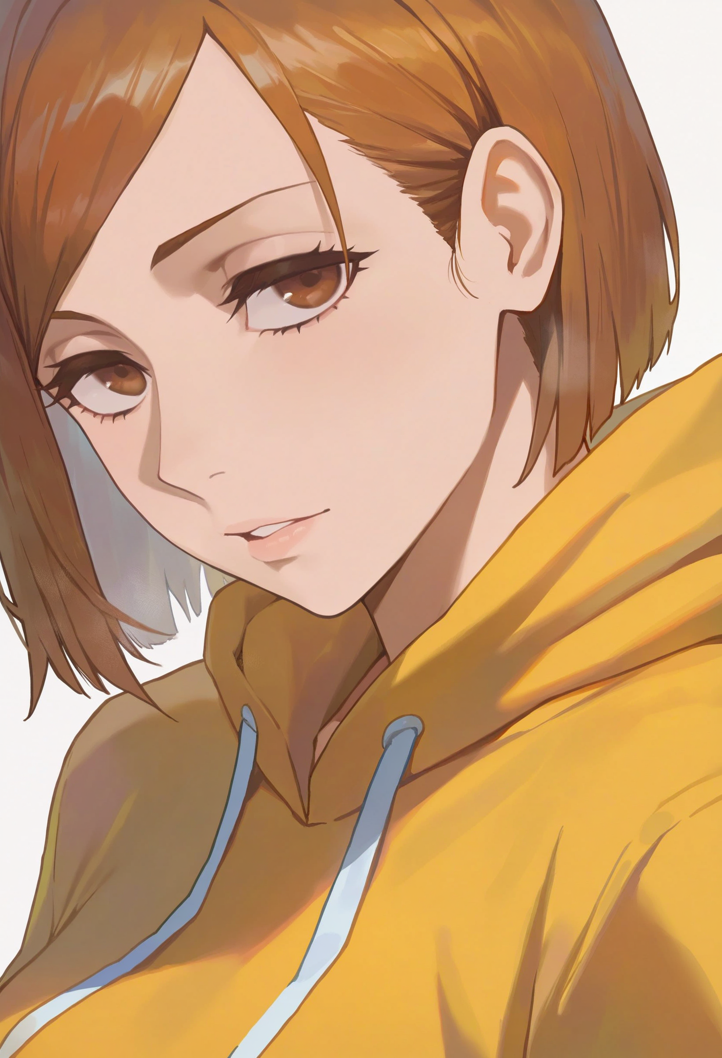 1girl, solo, kugisaki nobara, white background, yellow hoodie, portrait, looking at viewer, parted lips, brown hair, upper body, 
masterpiece, best quality, <lora:shexyo-guy90-Illust-Lycorisv1:1> oyxehs