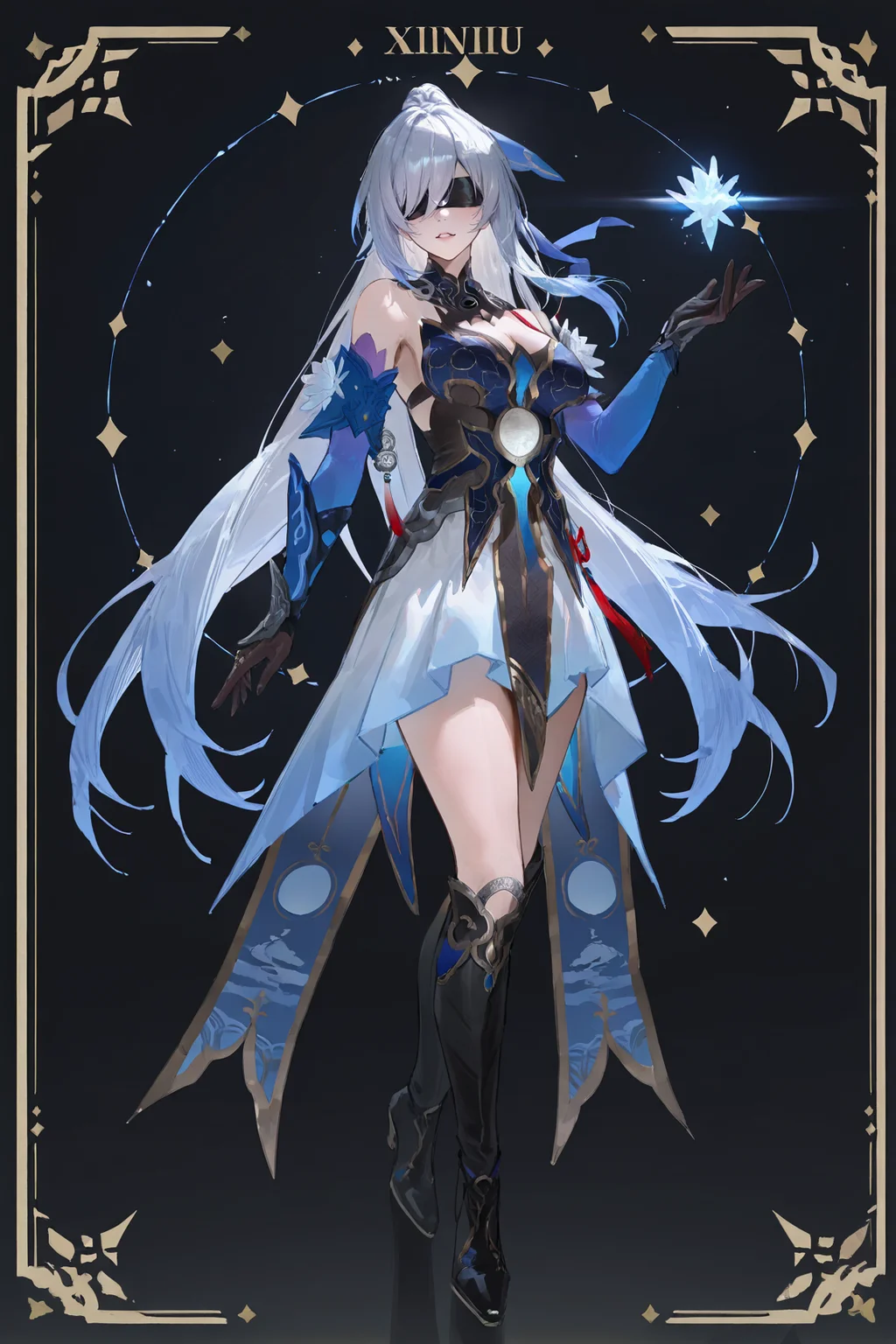 8k, masterpiece, best quality, amazing quality, very aesthetic, absurdres, (ultra-detailed), (high detailed skin),
((artist:betabeet)), artist:john_kafka, artist:nixeu, artist:quasarcake,
original, normal_quality, (by xilmo, by modare, by reoen:1.1), (hyperrealistic:1.1), (high_contrast:1.1), (holy_(\theme\):1.2), (card_\(theme\):1.1), solo, long hair, fur trim, large breasts, (black-color-scheme:1.1), character card, abstract sun, moon and stars, thick line,
<lora:jingliu-noob-Tanger-000014:0.8>, jinliu, default clothes, silver hair, blue and white chinese dress, Blindfold with crescent marking, 1girl, eyepatch, long hair, boots, black gloves, bangs, bare shoulders, ponytail, black footwear, covered eyes, Blindfold
<lora:neg101-000008:0.5>, murals, holy light, mural moon, simple black background, angels come, stars, card border, frame pattern,