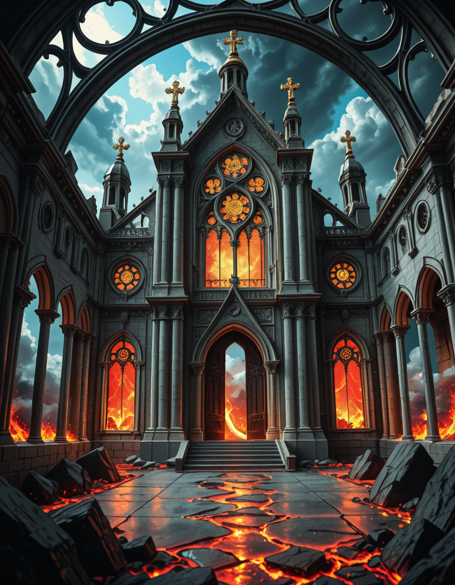 A once-majestic celestial temple, now under siege by the forces of Hell. The grand white stone structure is cracked and scorched, its golden crosses twisted and broken. The stained-glass windows, once glowing with warm divine light, are now shattered, with demonic symbols glowing ominously in their place. The sky, once a serene blue, is now consumed by dark storm clouds, swirling with red lightning and thick smoke.
Black, jagged chains extend from the sky, wrapping around the temple as if trying to pull it down into the abyss. The once-fluffy clouds beneath the structure are now a chaotic mix of fire, ash, and dark mist, with glimpses of molten lava cracks below. Infernal creatures with glowing red eyes lurk in the shadows, their silhouettes barely visible through the smoke and fire.
The temple doors are blown open, revealing an eerie red glow emanating from within, as if Hell itself is consuming the sacred space. Massive demonic runes are etched into the stone, pulsating with an unholy energy. The entire scene is bathed in a deep crimson and orange glow, giving it an apocalyptic and nightmarish atmosphere.
Style & Lighting:
- Dark fantasy, highly detailed
- Dramatic, high-contrast lighting with fiery glows
- Cinematic composition, epic scale
- Strong use of shadows, embers, and atmospheric foghighly detailed and atmospheric view from inside a massive birdcage, large enough for a human to stand inside. The cage is made of ornate, aged metal bars with intricate Victorian-style patterns, curving elegantly towards the domed ceiling. Sunlight filters through the gaps between the bars, casting long, dramatic shadows on the wooden floor. Delicate vines and small flowers have begun to grow around the bars, adding a touch of nature reclaiming the space. The background beyond the cage is blurred, hinting at a lush garden or a mysterious, abandoned mansion. The ambiance is serene yet slightly melancholic, with warm golden light illuminating dust particles floating in the air. Soft feathers are scattered on the floor, adding to the sense of quiet abandonment. The perspective makes the viewer feel as if they are inside the cage, looking outward, surrounded by both beauty and confinement. The style is highly detailed and realistic, with a cinematic and slightly surreal atmosphere.
<lora:SDXLFaeTastic2400:0.4> <lora:extremely_detailed:0.4> extremely detailed 
<lora:evil_celestial_t3mpl3-i:1> evil celestial t3mpl3, Masterpiece,best quality,hi res,8k,hi res,8k,award winning,(sharp focus, intricate, highly detailed),