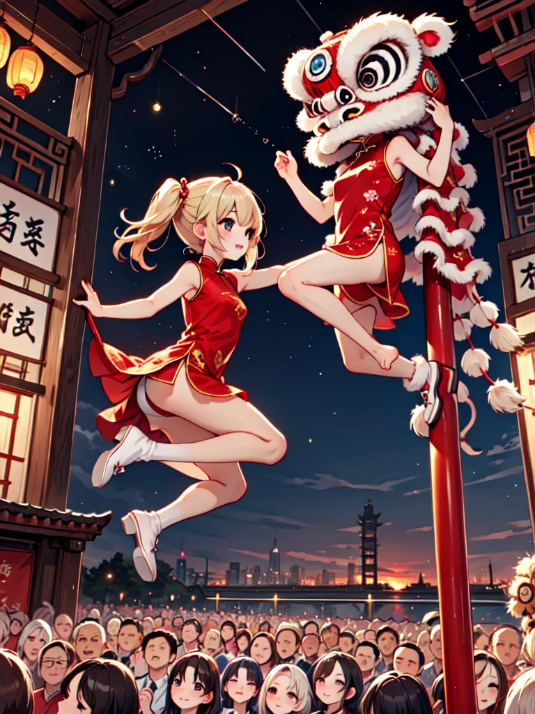 (((lion dance))), ((lifting person)), wooden pole, stepping on poles, arms up, leg up, 1girl, smile, petite, blonde hair, twintails, long hair, red qipao, sleeveless dress, bare legs, sky, crowd, people, audience, cityscape, temple, chinese new year, east asian architecture, from side, aerial fireworks, night, from above, jumping, <lora:girllikeliondance:0.5>