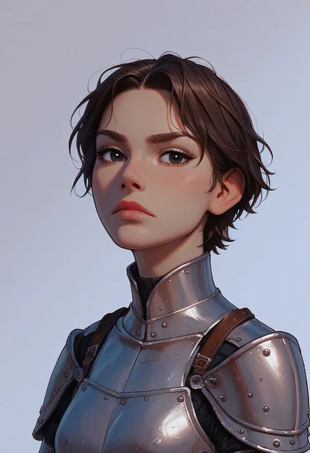 (score_9, score_8_up, score_7_up). ( line work, excellent drawing, highest quality, extremely detailed:1.2). 1girl, Joan of Arc, 24 year old, adult face, perfect face, medieval french girl, short hair, dark hair, dark eyes, black eyes, dark lashes, shiny look, petite, nymph, Knight, armor, breastplate, athletic, slender waist, confident, serious, 3/4 view, cowboy shot, g0thicPXL, romantic, cinematic lighting, volumetric lighting, source_cartoon, source_anime