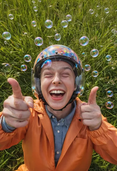 (8k, RAW photo, highly detailed, masterpiece, highest quality, hyper realistic, intricately detailed, vivid and vibrant colors, centred and symmetrical), a photo of a laughing boy, grinning, furrowed brows, closed eyes, squeezing eyes, pointing pistol, (sheetface), (XUER Liquid chromium brain), transparent helmet, orange jumpsuit, in a meadow, bubbles falling from the sky in the background, in spring time, looking at viewer, (low angle, wide shot, wide-angle lens), high fashion, fashion photography, sharp focus, sharp image, centred and symmetrical, science fiction,