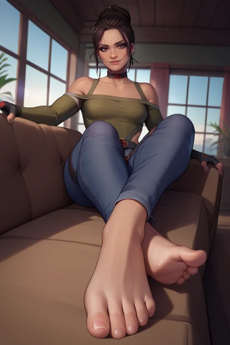 score_9, score_8_up, score_7_up, BREAK, 1girl, solo, <lora:panampalmer-guy-PONYv1:.95>, panampalmer, dark skin, single hair bun, choker, fingerless gloves, jeans, long sleeves, leotard, belt, indoors, lounging, couch, light particles, window, depth of field, lens flare, , bare shoulders, barefoot, foot focus, seductive smile, taker pov