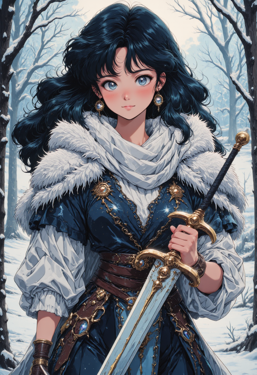 pinkretroanime, A woman clad in fur-lined armor, her frost-covered shield glinting in the pale winter sun as she holds a gleaming longsword.