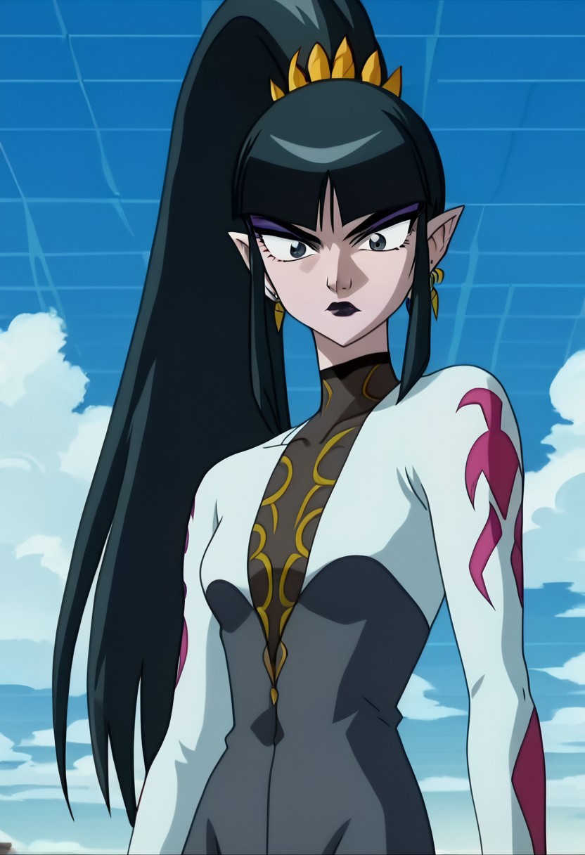 score_7, high_resolution, hyper_detail, finely_detailed,anime_screencap, traditional_media,detailed face,sellon, 1girl, solo, pointy ears, long hair, black hair, ponytail, jewelry, earrings, makeup, cloud, bodysuit, lipstick, sky