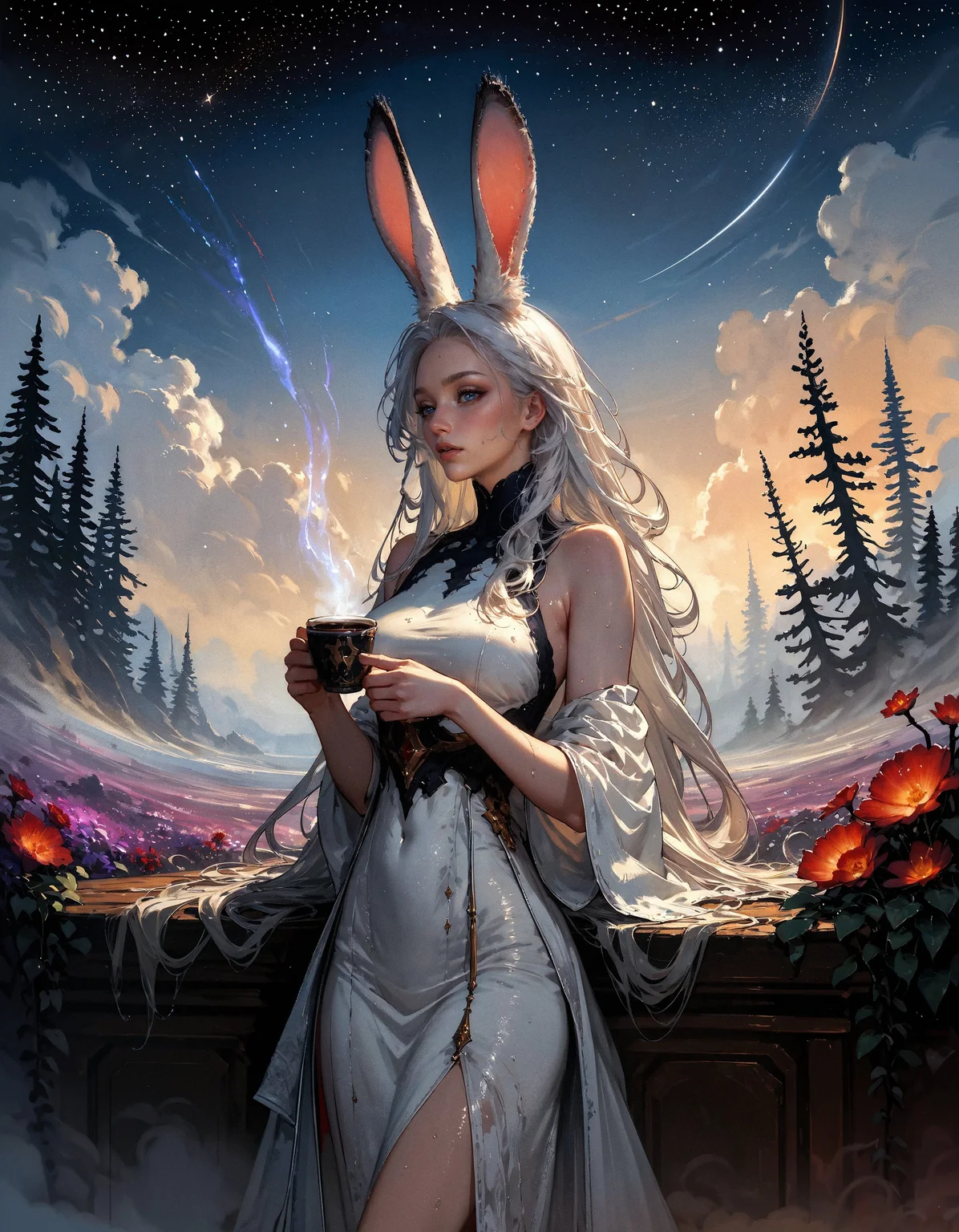 score_9, score_8_up, score_7_up, score_6_up, score_5_up, score_4_up,  rating_questionable, 20yo girl, 1girl, viera, solo, tall, white dress, red trim, a woman with white hair, Brom, beautifully backlit, fantasy art, dark skin, long hair, rabbit ears, white hair, space traveler, otherworldly, ethereal, atmospheric, star sky, (cumulonimbus clouds:1.3), sweat, romantic, drinking coffee, plants, flowers