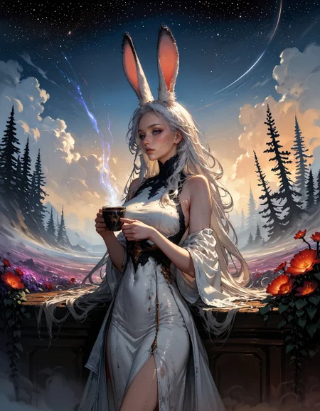 score_9, score_8_up, score_7_up, score_6_up, score_5_up, score_4_up, rating_questionable, 20yo girl, 1girl, viera, solo, tall, white dress, red trim, a woman with white hair, Brom, beautifully backlit, fantasy art, dark skin, long hair, rabbit ears, white hair, space traveler, otherworldly, ethereal, atmospheric, star sky, (cumulonimbus clouds:1.3), sweat, romantic, drinking coffee, plants, flowers