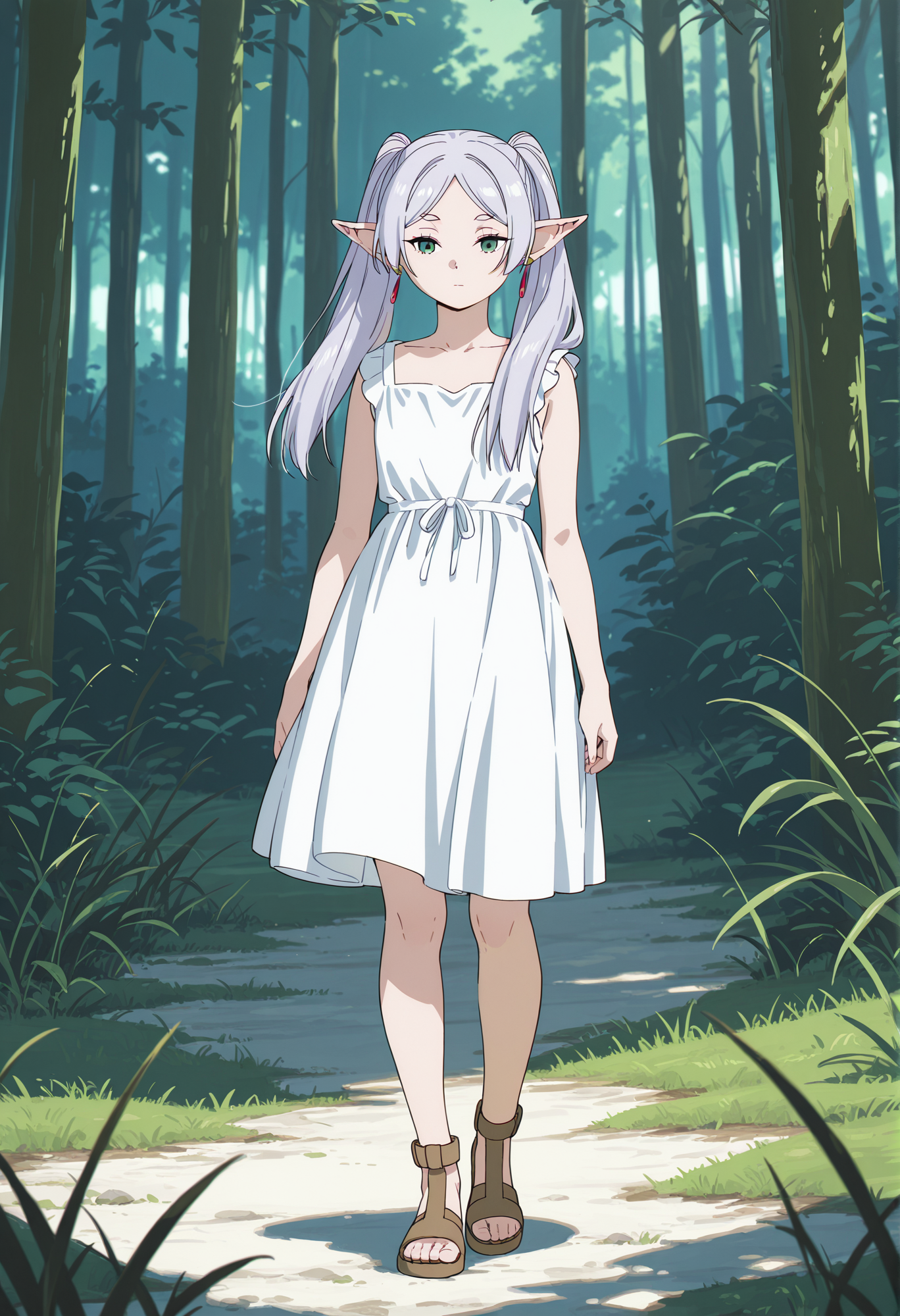 Frieren,Frieren, frieren, solo, sandals, dress, white dress, outdoors, full body, standing, grass, jewelry, sleeveless, nature, parted bangs, closed mouth, collarbone, forest, day, sleeveless dress