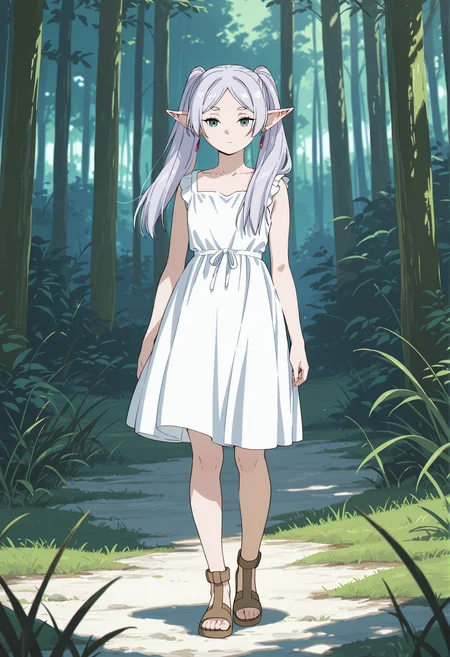 Frieren,Frieren, frieren, solo, sandals, dress, white dress, outdoors, full body, standing, grass, jewelry, sleeveless, nature, parted bangs, closed mouth, collarbone, forest, day, sleeveless dress