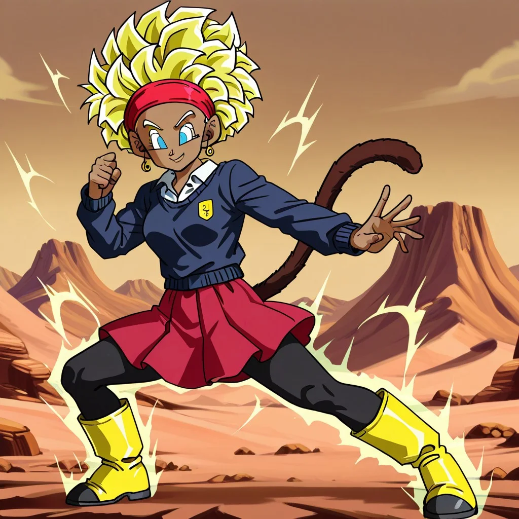Rulah,1girl,Dark skin,afro hair,red headband,white shirt,dark blue sweater,red skirt with black lines,black leggings,yellow boots
Rulah transforming into a Super Saiyan. Spiky blonde hair, blue eyes, monkey tail. Alone, battle pose, electric aura. Desert background with mountains and rocks. Confident smile.
