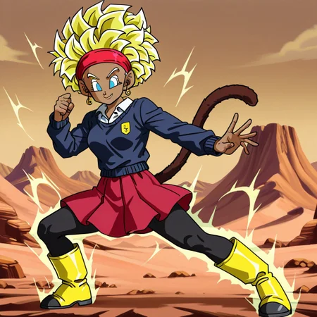 Rulah,1girl,Dark skin,afro hair,red headband,white shirt,dark blue sweater,red skirt with black lines,black leggings,yellow boots
Rulah transforming into a Super Saiyan. Spiky blonde hair, blue eyes, monkey tail. Alone, battle pose, electric aura. Desert background with mountains and rocks. Confident smile.