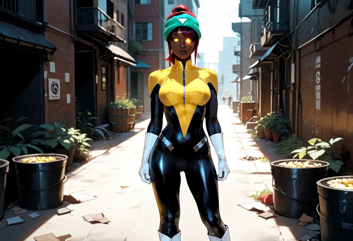 STYLES | PONY & ANIMAGINE
score_9, score_8_up, score_7_up ,4k, realistic, masterpiece, beautiful,1 girl,
SkylaCruzPXL, 1girl, solo,Skyla,   freckles, dark skin, dark-skinned female,black hair,black eyes, short ponytail,short hair, ponytail,beanie, red and green colored beanie, shaded face, glowing eyes, shaded face, (black face:1.2) yellow, yellow suit, full body ,standing, alley,
,SinestronCOS,thighhighs,white  gloves,skin tight,bodysuit,superhero,black bodysuit,yellow bodysuit,sinestrocorps symbol on chest, , knee boots, white boots,sinestrocorps symbols on chest, anime art style,