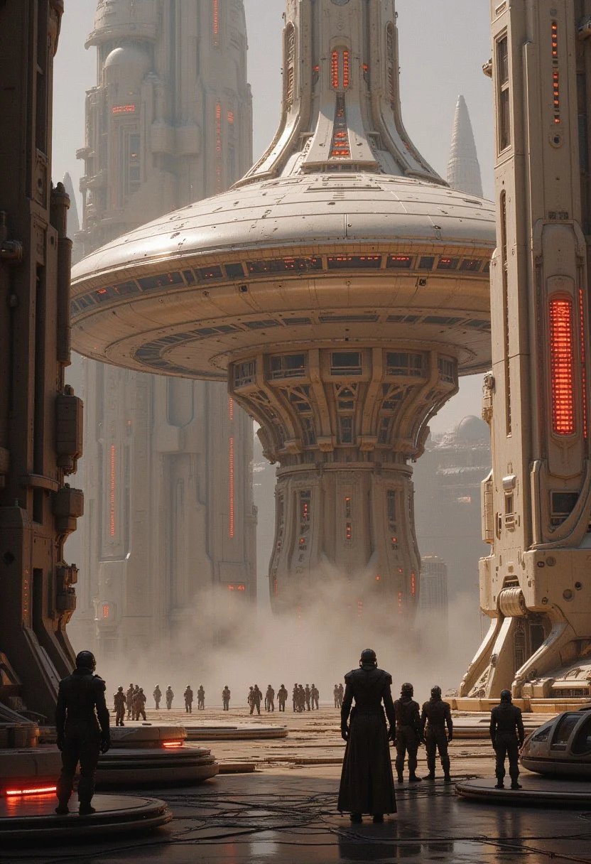 concept art, futuristic, a_skynet_cyberdyne_systems_craft, the image is featuring a spaceport of colossal buildings and towers, white ceramic and gleaming silver metallic surfaces glistening with condensation from the mist, red glowing diodes and lights, large depth of field, sunset, silhouetted, directional lighting, with scientists in spacesuits surrounding it