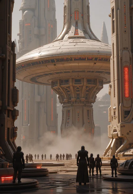 concept art, futuristic, a_skynet_cyberdyne_systems_craft, the image is featuring a spaceport of colossal buildings and towers, white ceramic and gleaming silver metallic surfaces glistening with condensation from the mist, red glowing diodes and lights, large depth of field, sunset, silhouetted, directional lighting, with scientists in spacesuits surrounding it