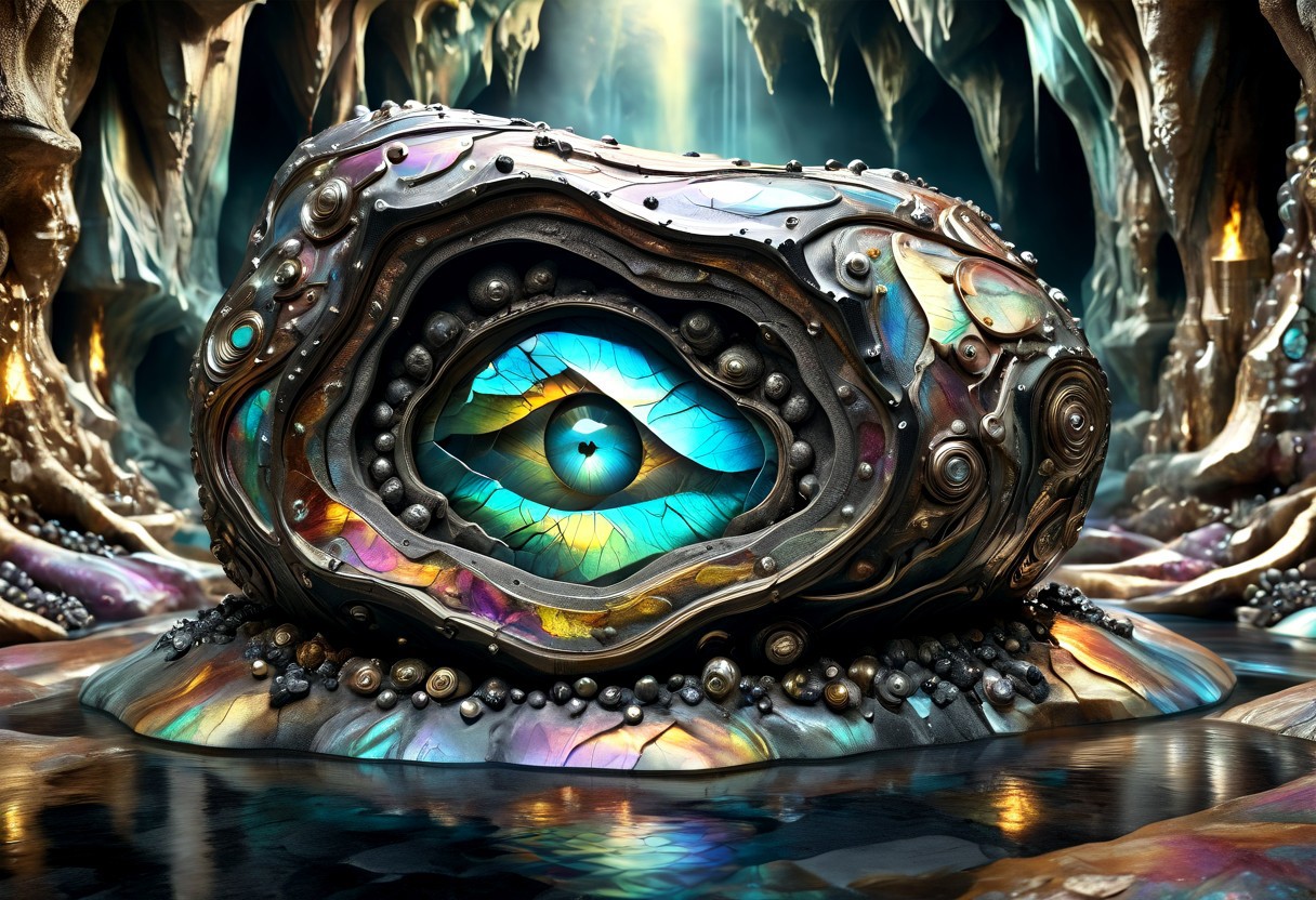 Iridescent Damascus, photorealistic, film grain, candid camera, color graded cinematic, eye catching, atmospheric lighting, highly detailed, deep depth of field, wide angle, wide view of a vast cavern,soft organic shapes, natural formation,smoothed by time and water, a (vast space:1.9) opening before the viewer,  an underground lake, crystal clear water, irregular shape formed by millenia of flowing water, reflecting torchlight, crystals in the rock walls glint in the (colours of the rainbow:1.6), intricately patterned with (labradorite:1.8) and moonstone, contrasted with (black granite:2.0), soft rounded shaped rock inviting to sit down near a fire pit emitting warm and welcoming light,