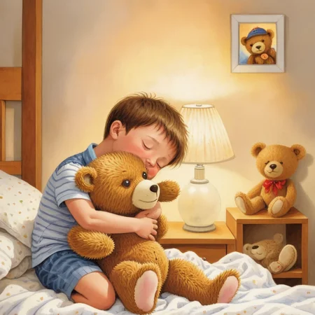 A photorealistic image of a young boy lovingly hugging a teddy bear. The boy should have a joyful expression on his face, and his eyes should be filled with happiness. The teddy bear should be fluffy and cute, with button eyes and a stitched smile, embodying the essence of childhood comfort. The setting could be in a cozy bedroom filled with other toys and soft lighting, creating a warm and inviting atmosphere, <lora:jimi:0.65>