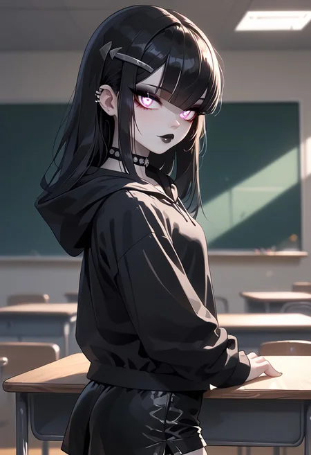 (((Kirlia))), female, anthro, porcelain white skin,score_9, score_8_up, score_7_up, score_6_up, 1girl, 18 years old, kirlia, (black hoodie, long sleeves, short skirt, black shorts, shorts, spandex shorts, booty shorts, choker, goth girl:1.45), low light, seductive, toned body, depth of field, dark night, shadows, dramatic lighting, candid, black hair, vivid eyes, black lipstick, eyeliner, makeup, ((long straight hair, cut bangs:1.3)), white pale skin, bangs, hair bangs, cute, perky big natural breasts, bubble butt, ((side shot, looking back, cowboy shot, close up:1.1)), dim light, low light, dramatic light, Low-key lighting Style, ((indoors, classroom, desks, student desks, teacher table, blackboards, alone in classroom, empry classroom, night:1.4)), ((wide shot, upper body close up, standing up:1.5)), standing near desk,