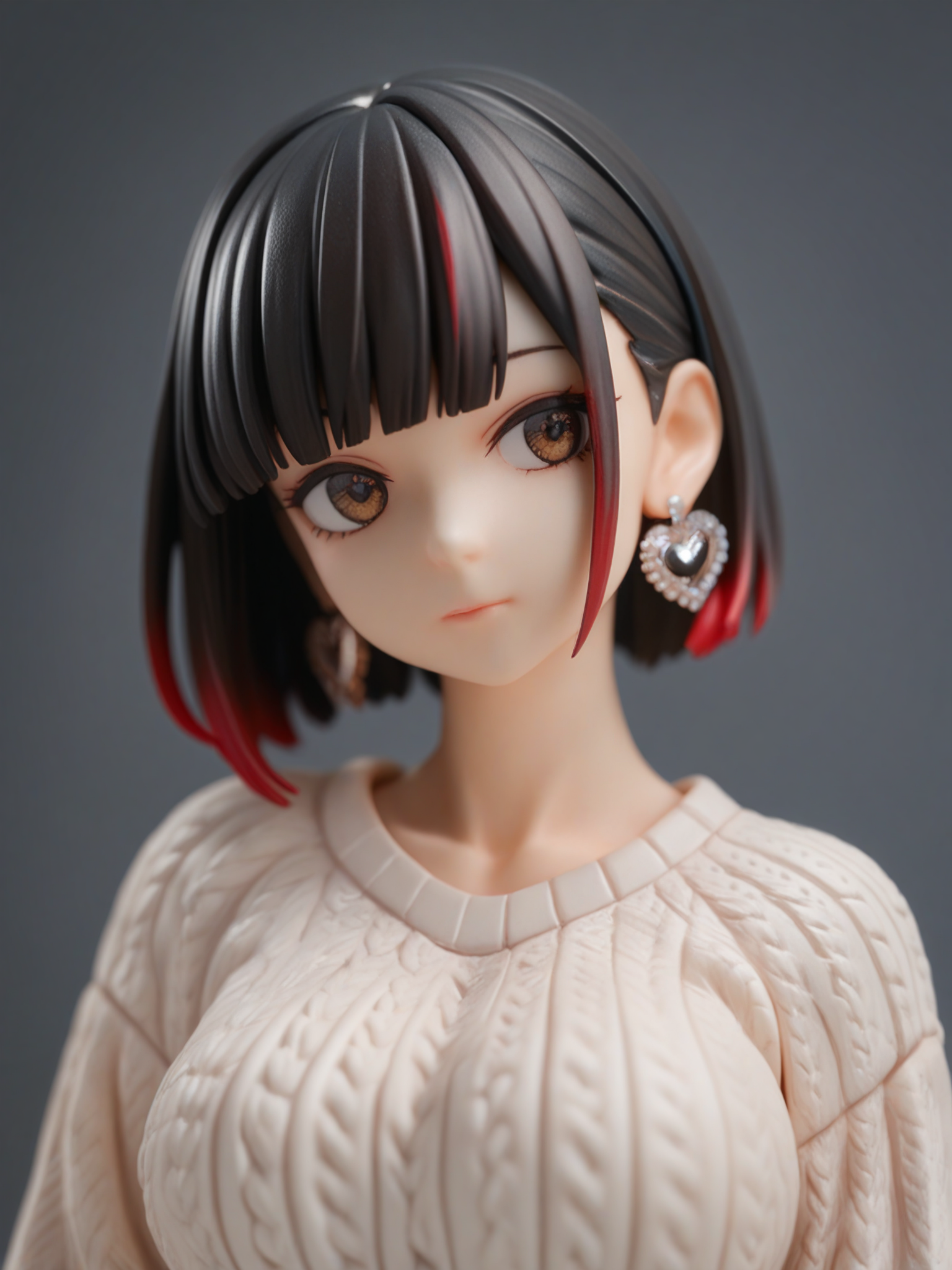 score_9, score_8_up, score_7_up, score_6_up, high quality, high contrast, 1girl, supermodel, portrait, black hair, short hair, blunt bangs, red highlights, brown eyes, large breasts, (white thick knit sweater), rhinestone heart earrings, <lora:rhinestone_heart_earrings_mabusius_pony_v1.1:0.75>, dark background