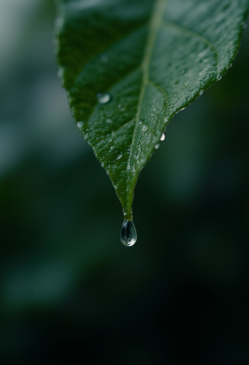 Rain drop , hanging on a drooped leaf, close up, rtx render, ultra realistic, rainy ,