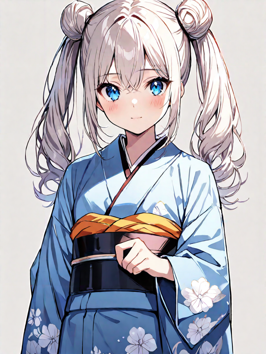 masterpiece,ultra-detailed,best quality,8K,illustration,cute face,clean skin ,shiny hair,petite girl,ultra-detailed-eyes,simple background,   <lora:double bun twintail_XL_illustrious_V1.0:1> double bun twintail,twintails,kimono