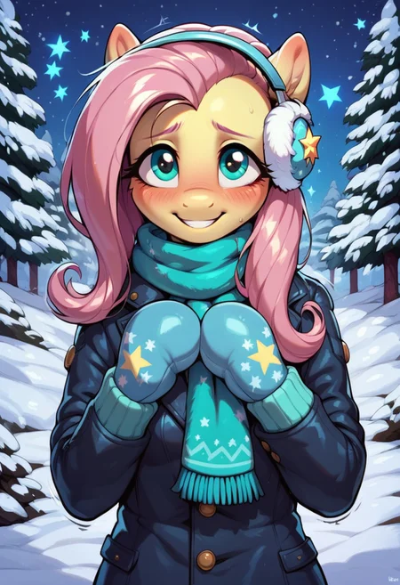 score_9, score_8_up, score_7_up, score_6_up, semi-realistic artwork, detailed background, high quality, vibrant colors, best quality rendering, intricate details, high resolution, sharp focus, best render quality, (background-winter forest, snow, night, stars, glowing stars), close up view, focus on face,
1girl, solo, Fluttershy (anthro pony), 18 yo, long hair, narrow shoulders, skinny, shiny skin, small perky breasts,
wearing a winter coat, scarf, mittens, fluffy winter earmuffs,
dynamic pose, shivering,
shy, blush, blushing, embarrassed, happy, smiling, looking at viewer, hot breath,