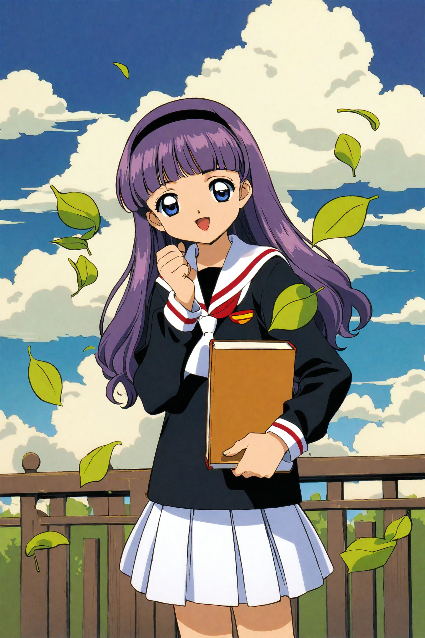Card Captor Sakura Anime,
1girl,daidouji tomoyo,skirt,school uniform,white skirt,solo,long hair,purple hair,pleated skirt,smile,bangs,hairband,tomoeda elementary school uniform,holding,open mouth,long sleeves,cloud,blunt bangs,1990s (style),day,leaf,retro artstyle,:d,sky,holding book,outdoors,book,white sailor collar,black shirt,shirt,standing,sailor collar,serafuku,blue sky,cowboy shot,blue eyes,looking at viewer,bag,black hairband,purple eyes,
<lora:CLAMP_XL:0.8>,