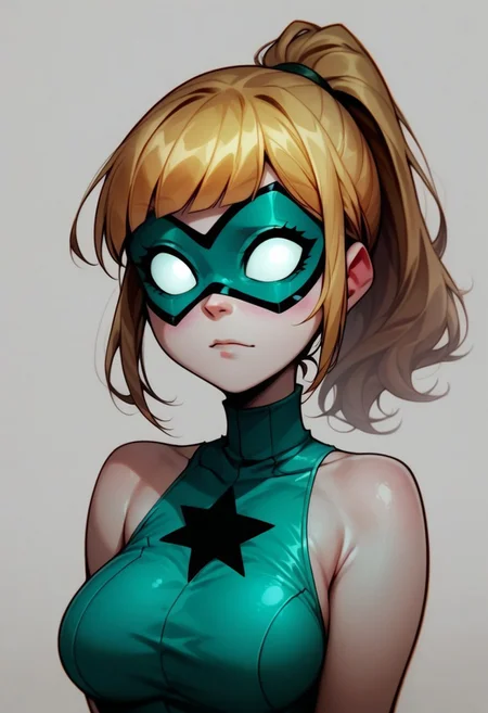 score_9, score_8_up, score_7_up,
(face focus, face portrait, face close-up:1.1), (vibrant colors, bright cel-shading), 2d, (teal domino mask, white eyecovers), cute, (shortstack:0.4), innocent (fair white skin:1.5) super hero, solo focus,1girl, (voluptuous, big breasts), (teal leotard aside, turtleneck, exposed shoulders), (blonde ponytail, fringe, cute bangs), (Dark teal star chest symbol)