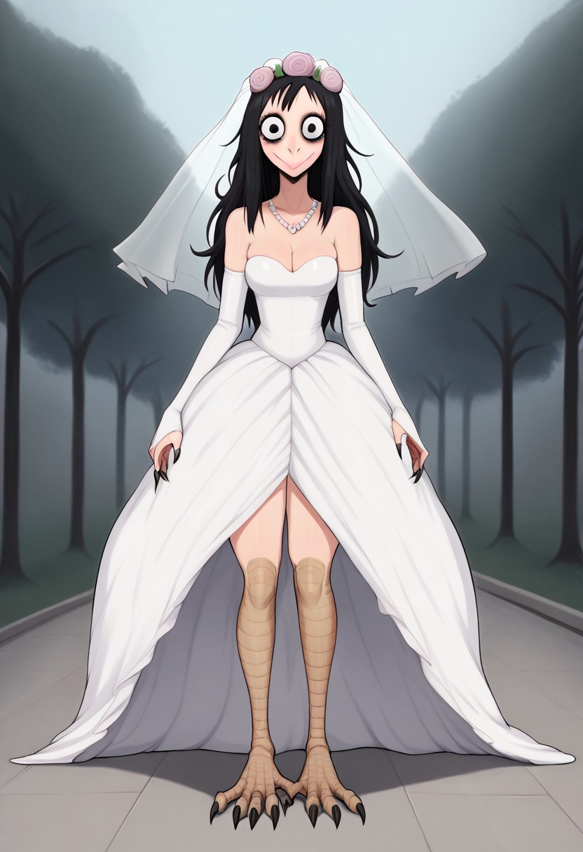 masterpiece, best quality, uncensored, source_anime BREAK score_9, score_8_up, score_7_up, score_6_up, score_5_up, score_4_up, 1girl, solo, momocreepypasta, monster girl, avian humanoid, long hair, black hair, black eyes, wide eyed, wide smile, scuted arms , scuted legs, scutes, claws, talons, Expressiveh, thin, CURVY GIRL, big lips, enormous lips, big eyelashes, enormous eyelashes, closed mouth, medium breasts, creepy, horror \(theme\), nightmare fuel, long eyelashes, full lips <lora:Expressive_H:0.6> <lora:add-detail-xl:0.5> <lora:MomoCreepypasta:0.8>,makeup, pink lips, lipstick, masterpiece,ultra detailed,wedding dress,1girl,solo, looking at viewer, blush,smile, jewelry hair ornament, necklace, collarbone, bare shoulders, bridal gauntlets, gloves, cleavage, elbow gloves, thighs, outdoors, standing, bridal veil, wedding dress, veil, white dress, bride, lace, body covered with dress,Three-quarter sleeve wedding dress,Sequined wedding dress,Princess ball gown with floral appliqus,floor length dress covering her legs