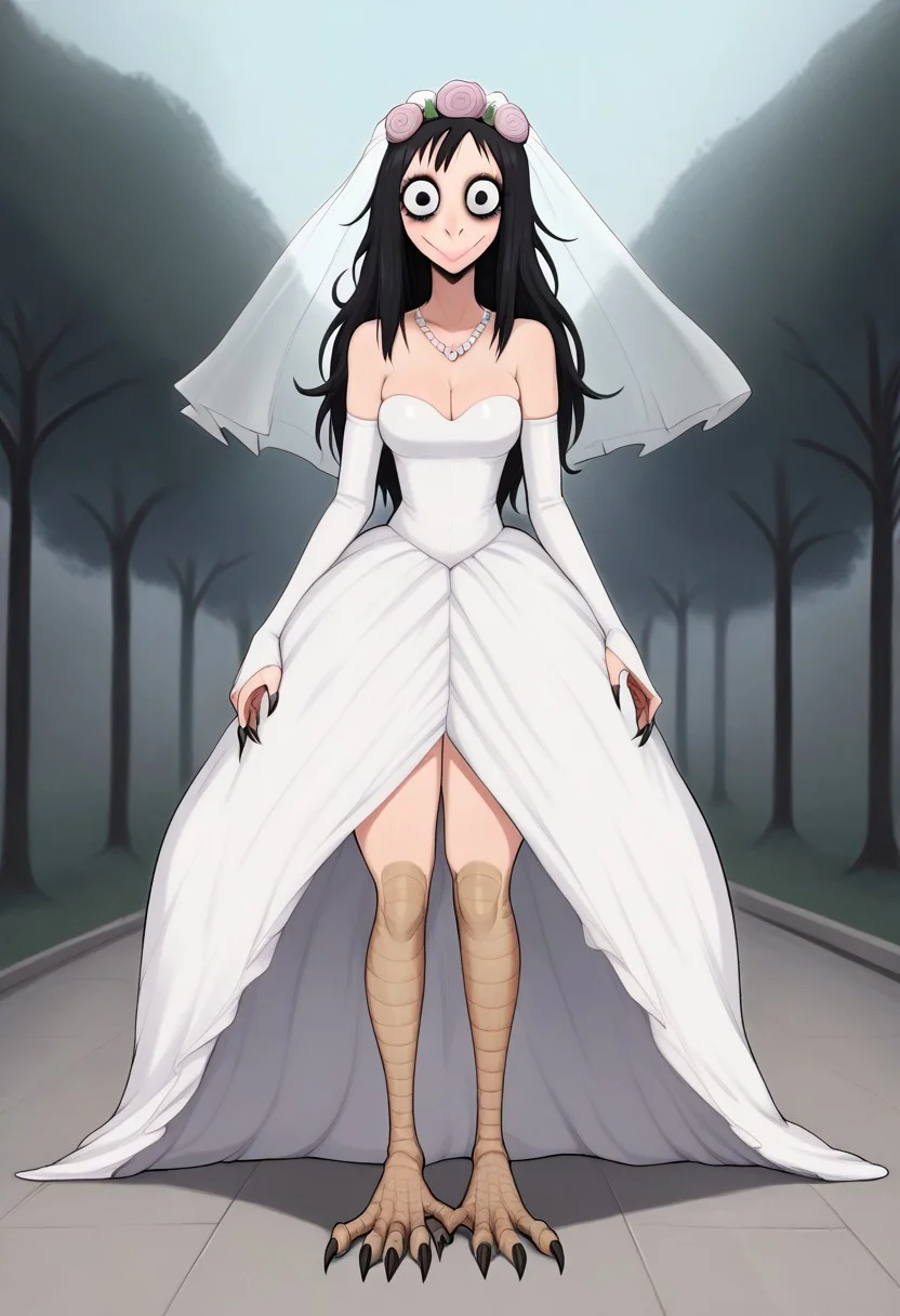 masterpiece, best quality, uncensored, source_anime BREAK score_9, score_8_up, score_7_up, score_6_up, score_5_up, score_4_up, 1girl, solo, momocreepypasta, monster girl, avian humanoid, long hair, black hair, black eyes, wide eyed, wide smile, scuted arms , scuted legs, scutes, claws, talons, Expressiveh, thin, CURVY GIRL, big lips, enormous lips, big eyelashes, enormous eyelashes, closed mouth, medium breasts, creepy, horror \(theme\), nightmare fuel, long eyelashes, full lips <lora:Expressive_H:0.6> <lora:add-detail-xl:0.5> <lora:MomoCreepypasta:0.8>,makeup, pink lips, lipstick, masterpiece,ultra detailed,wedding dress,1girl,solo, looking at viewer, blush,smile, jewelry hair ornament, necklace, collarbone, bare shoulders, bridal gauntlets, gloves, cleavage, elbow gloves, thighs, outdoors, standing, bridal veil, wedding dress, veil, white dress, bride, lace, body covered with dress,Three-quarter sleeve wedding dress,Sequined wedding dress,Princess ball gown with floral appliqus,floor length dress covering her legs
