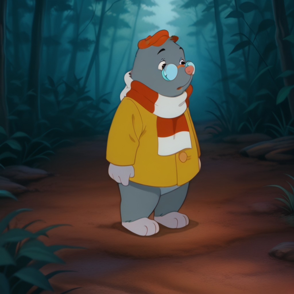 masterpiece, best quality, amazing quality, Edgarouafilv2, semi-anthro, male, mole, grey fur, black eyes, yellow jacket, red hat, red and white striped scarf, round glasses, forest, standing, solo, full body, 1boy, <lora:6ebfdaf7-a370-4f50-85a5-134177abe1fd:1.0>