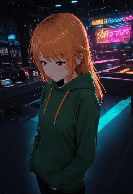 vaporware colors,orange hair,shine glass,neon lights,light particles,colorful:1.3,gradient,chromatic aberration) 1girl,long-focus,tilt-shift,dark background,simple background,full body,cute emotional,harmonious,high budget,moody,epic,gorgeous,perfect lighting,realistic,photorealistic,photographic,photo (medium),real,moody lighting,volumetric lighting,reality ray tracing,8K,HDR,UHD,masterpiece,best quality,highly detailed,high resolution,finely detail,extremely detailed,ultra detailed,vibrant background colors, nightclub, shirt,molly