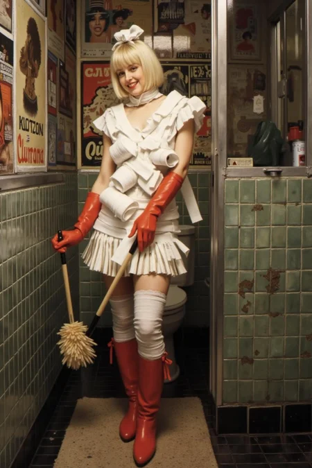 jati1 painting
lautrec1 painting
A slim Swedish woman stands confidently in a small, dingy restroom. She platinum blonde bob haircut and a fringe bangs. She is wrapped in rolls of white bandages like a mini dress, and wear bright red rubber gloves and matching boots. She holds a large toilet brush with a playful smile, juxtaposing glamour with an unexpected setting. The surrounding walls, adorned with worn posters, add a gritty, urban edge to the surreal, fashion-forward scene.
<lora:jati1_cap_d6a3:1.0><lora:817332435625724847:0>