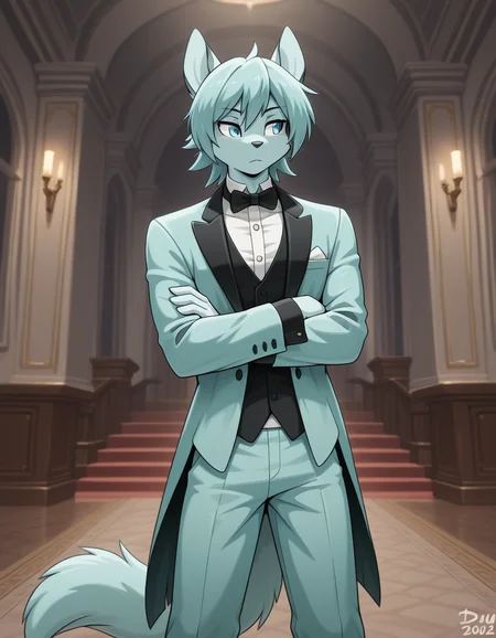 masterpiece,best quality, amazing quality, (du57aet, anthro, tail), ((male focus, 1boy, solo)), male, blue eyes, tuxedo, arms crossed, indoors<lora:Illustrious\dust-illustrious.safetensors:1.0:1.0>