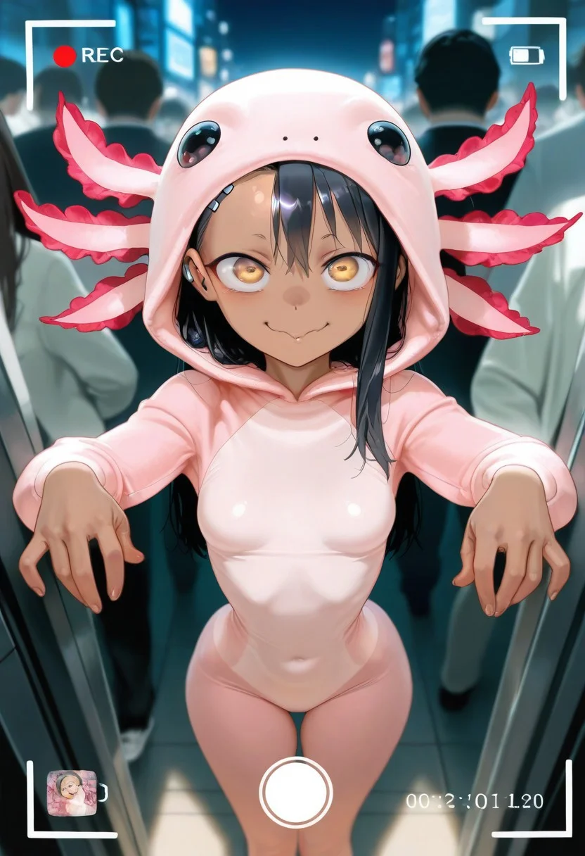 masterpiece, best quality, very aesthetic, absurdres, Detailed face, 8k, Ultra_HD, (detailed background:1.1), 1=2, face closeup, from above, zoom on face, rec, recording frame, photograph,
solo, 1girl, Hayase Nagatoro, petite, beautiful, perfect eyes, (golden eyes:1.1), dark skin, black hair, long hair, tanned skin, tanline, hourglass figure, animal costume, axolotl onesie, skindentation, skinny body, small breasts, short girl, cat eyes, jocking expression, wide eyes, in front of viewer, face close to the lens, pov, posing, original pose, complex pose, ghost pose, very flexible, wide hips, narrow waist, looking at viewer, puffy lips, detailed background, blurry background, comiket, crowded place,